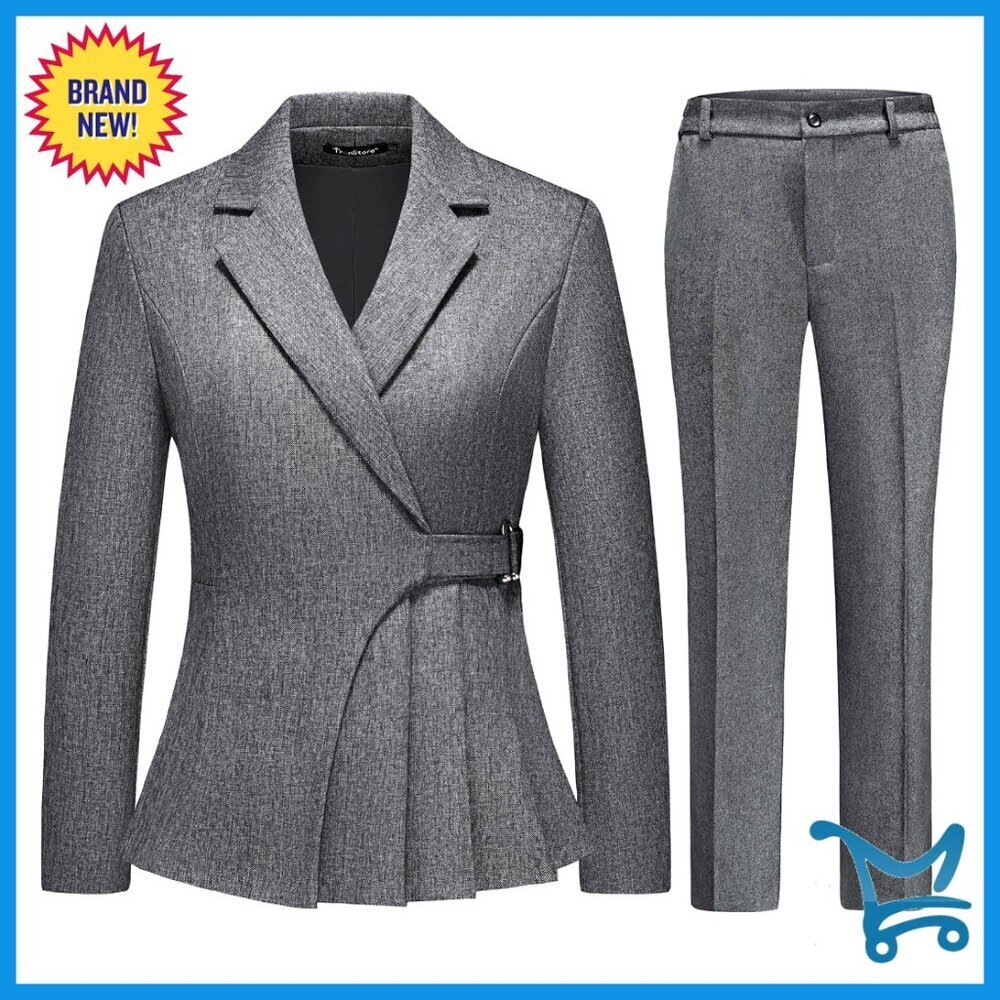 Women's Business Casual Pantsuit Set Irregular Hem Blazer Straight Leg